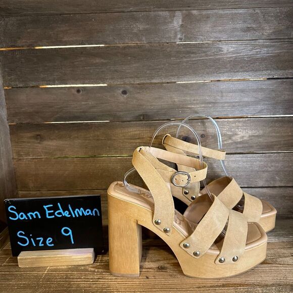 New Womens Sam Edelman Rosalind Beige Suede Platform Block Heels‎ Sandals Size 9 - Picture 1 of 6